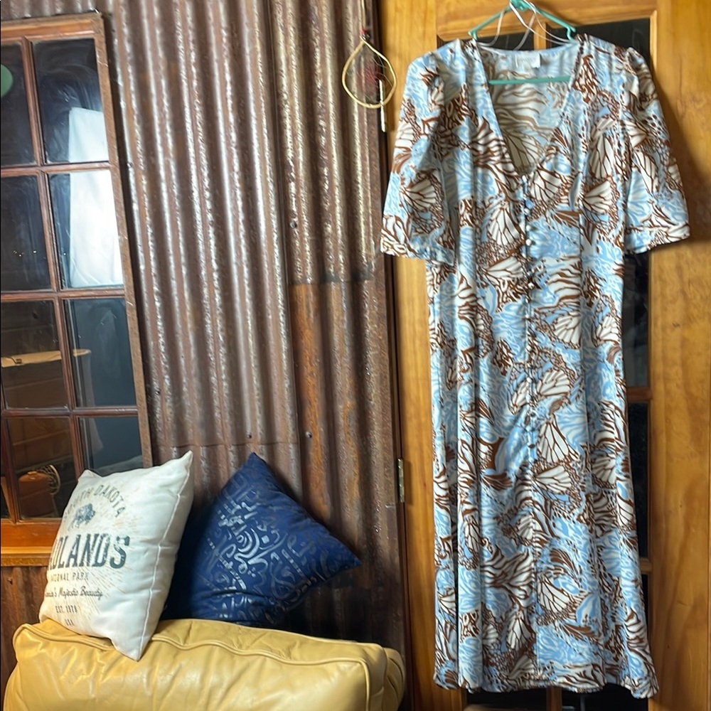 DEVOTION Blue, Brown and Tan V-Neck Maxi Dress, Size M